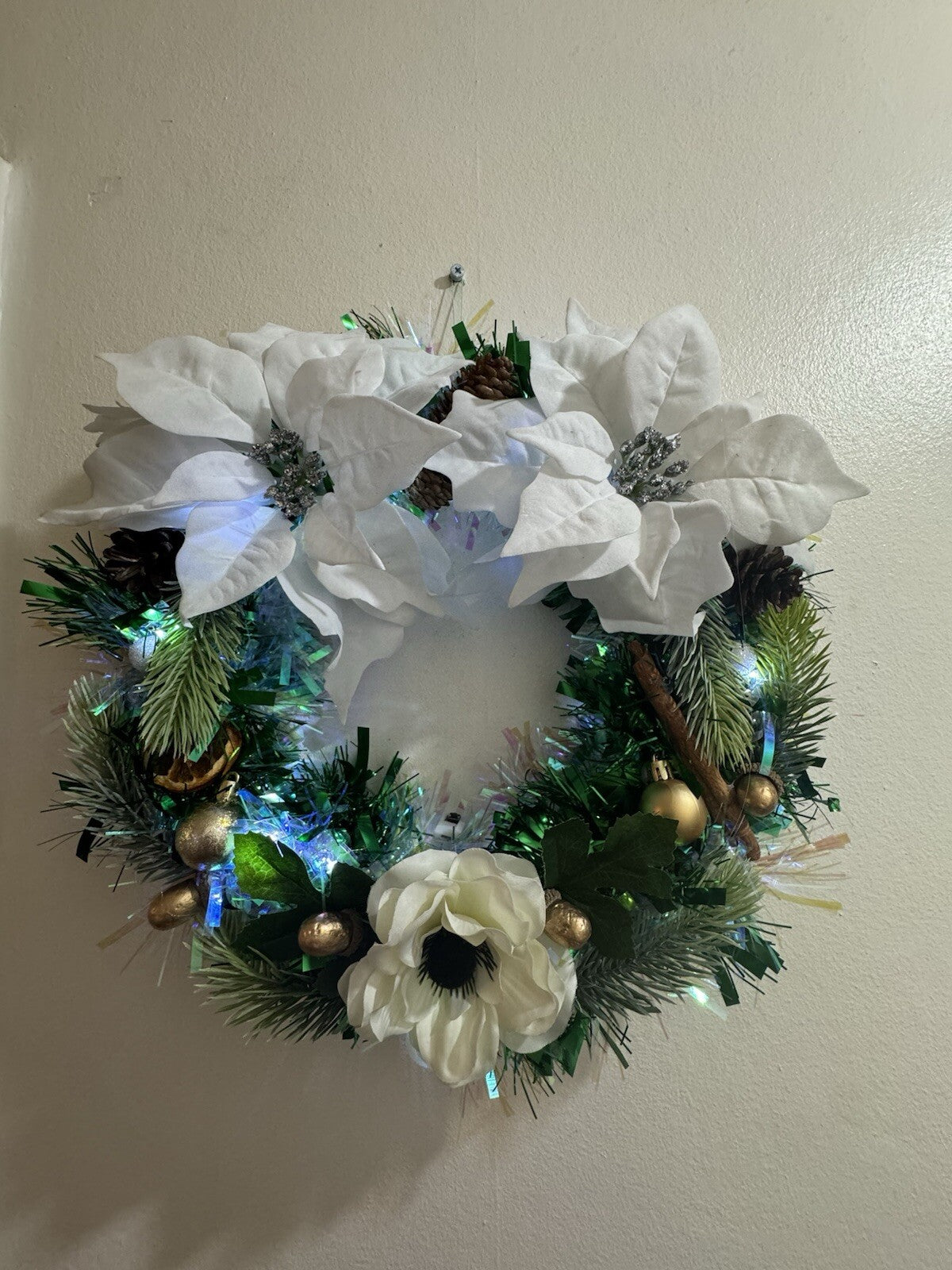 White Poinsettia Christmas Wreath with Lights for Front Door Elegant  Decor