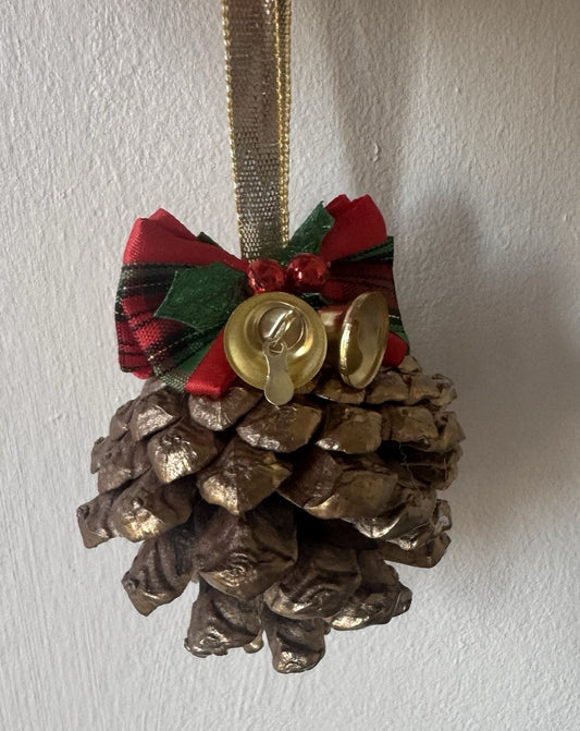 Set of 6 Handmade Pine Cone Christmas Ornaments with Bells & Festive Bows Rustic