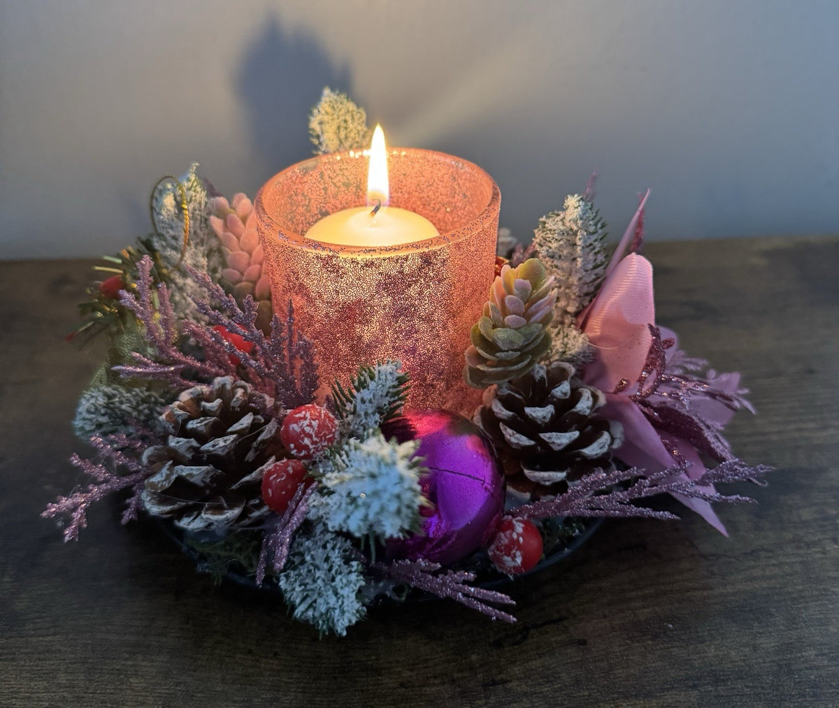 Handmade Pink Christmas Candle Centrepiece Festive Table Decoration Home Decor
