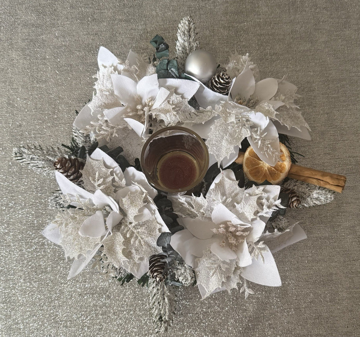 Christmas Table Centerpiece Green and White Poinsettias  And Dried Eucalyptus