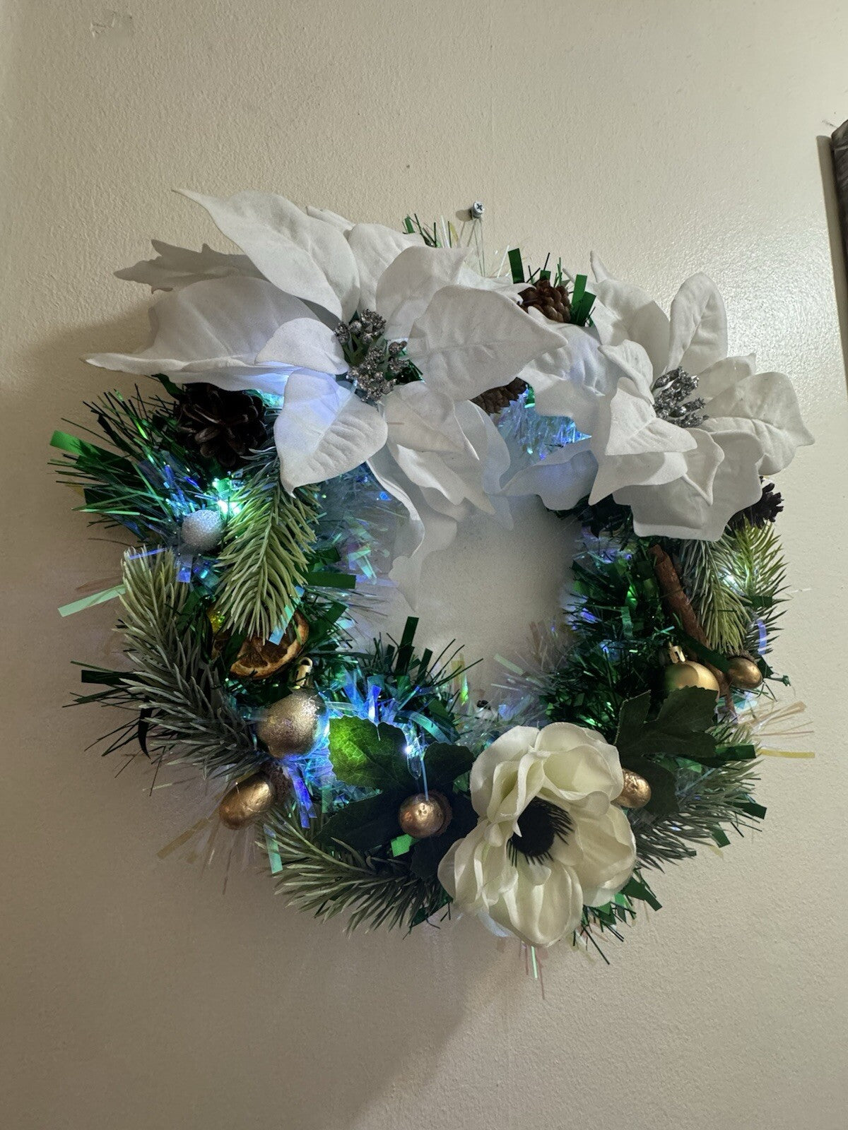 White Poinsettia Christmas Wreath with Lights for Front Door Elegant  Decor