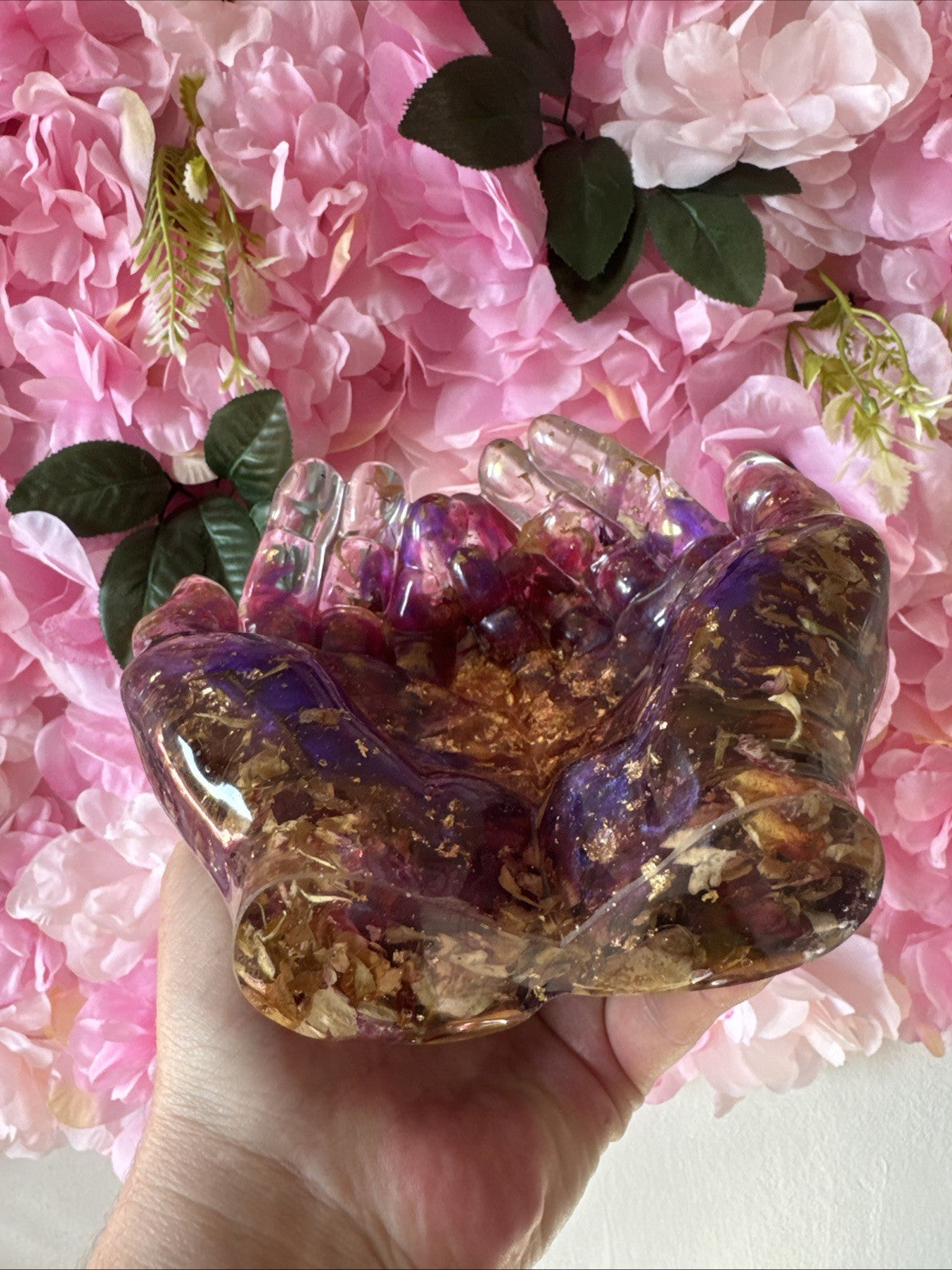 Handmade Resin Hands Bowl with Dried Roses & Gold Leaf Gift for Her, Home Decor