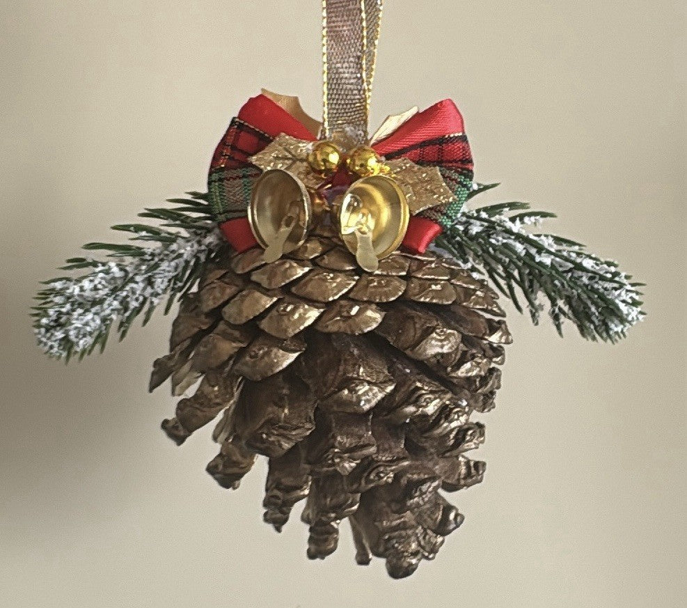 Set of 6 Handmade Pine Cone Christmas Ornaments with Bells & Festive Bows Rustic