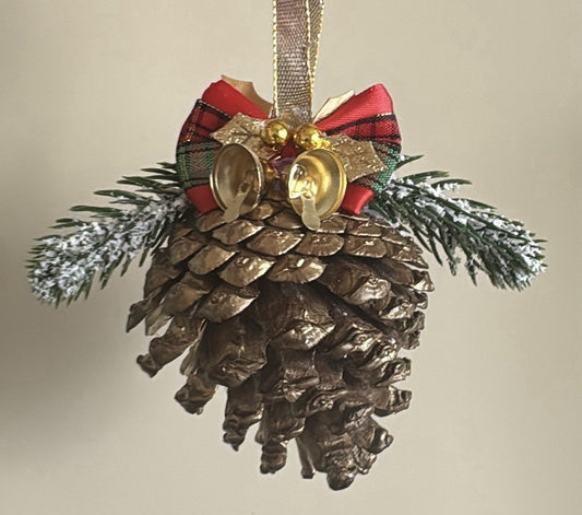 Set of 6 Handmade Pine Cone Christmas Ornaments with Bells & Festive Bows Rustic