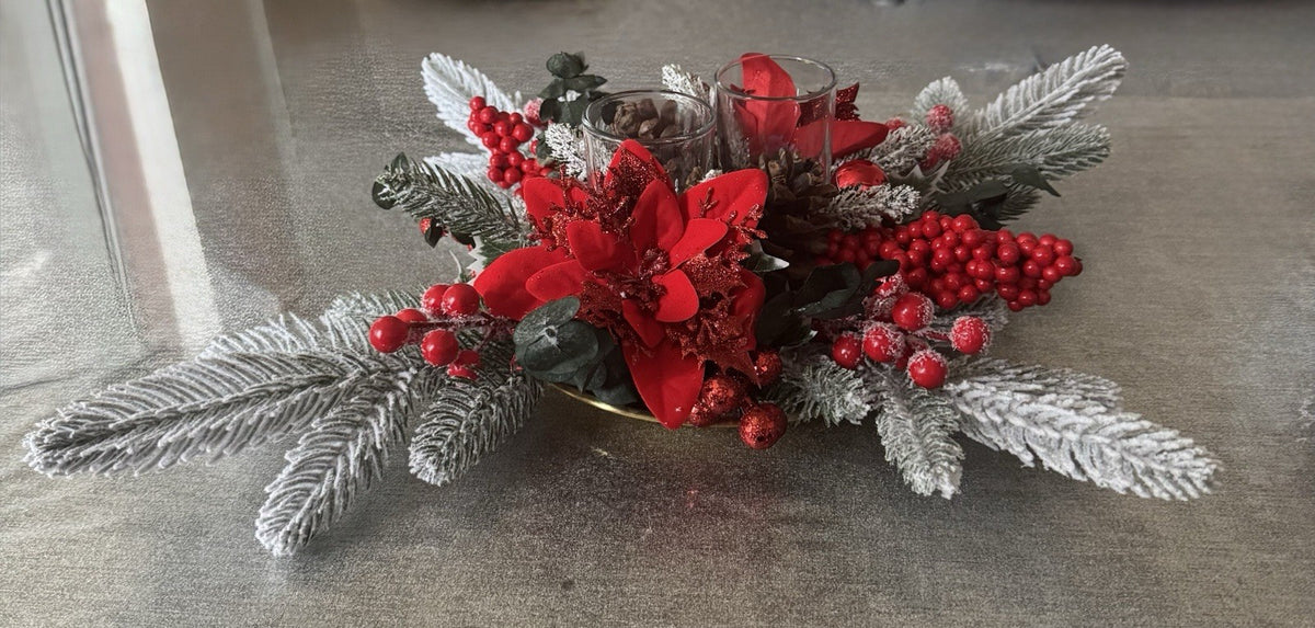 Christmas Table Centerpiece Red and Green with 2 Candles Christmas Decoration UK
