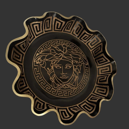 Greek Key Decorative Fruit Bowl – Black Resin with Gold Accents
