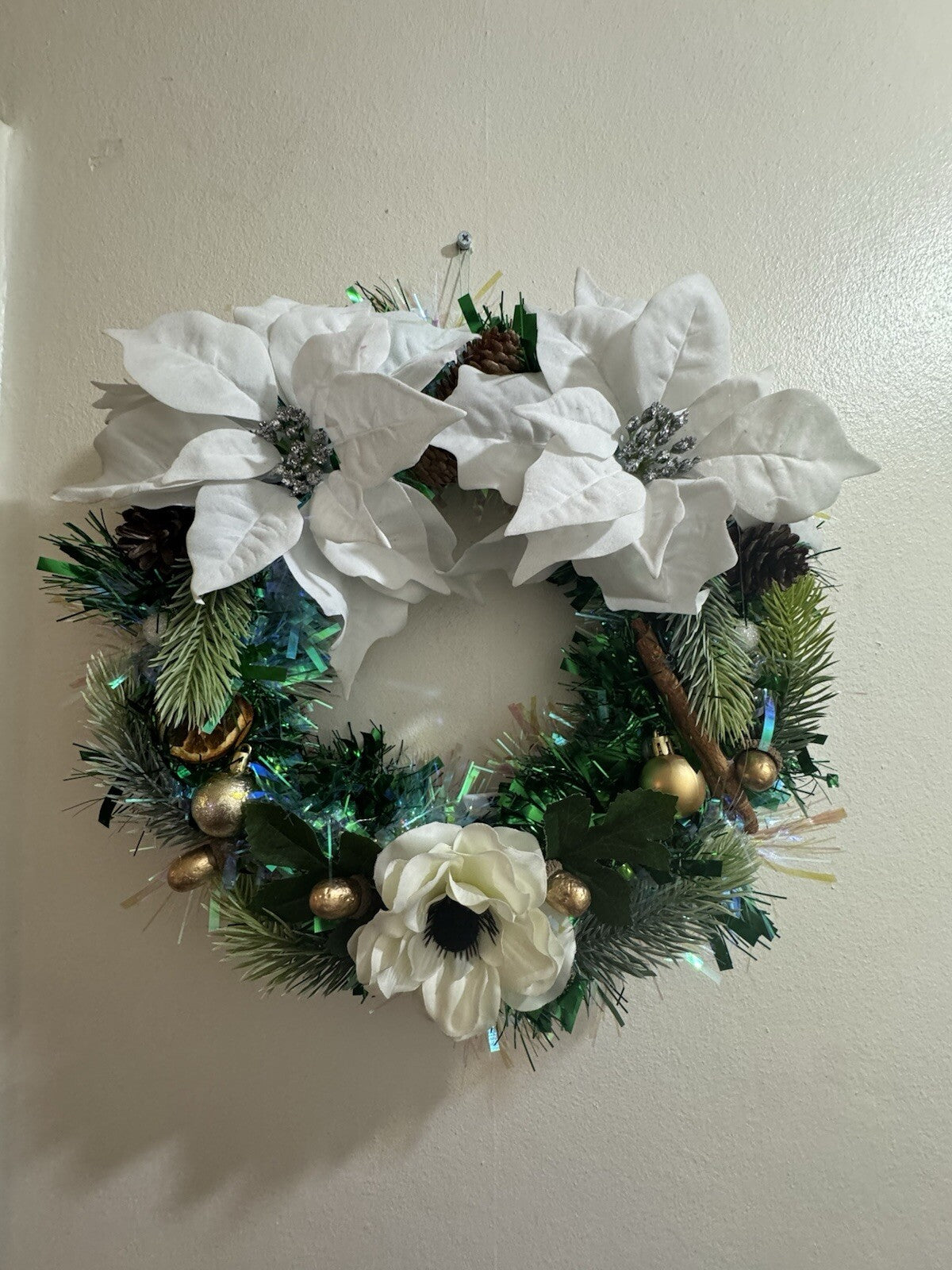 White Poinsettia Christmas Wreath with Lights for Front Door Elegant  Decor