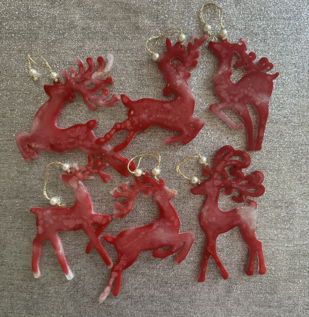 Elegant White and  Red Reindeer Christmas Ornaments – Set of 6 Hanging Decor