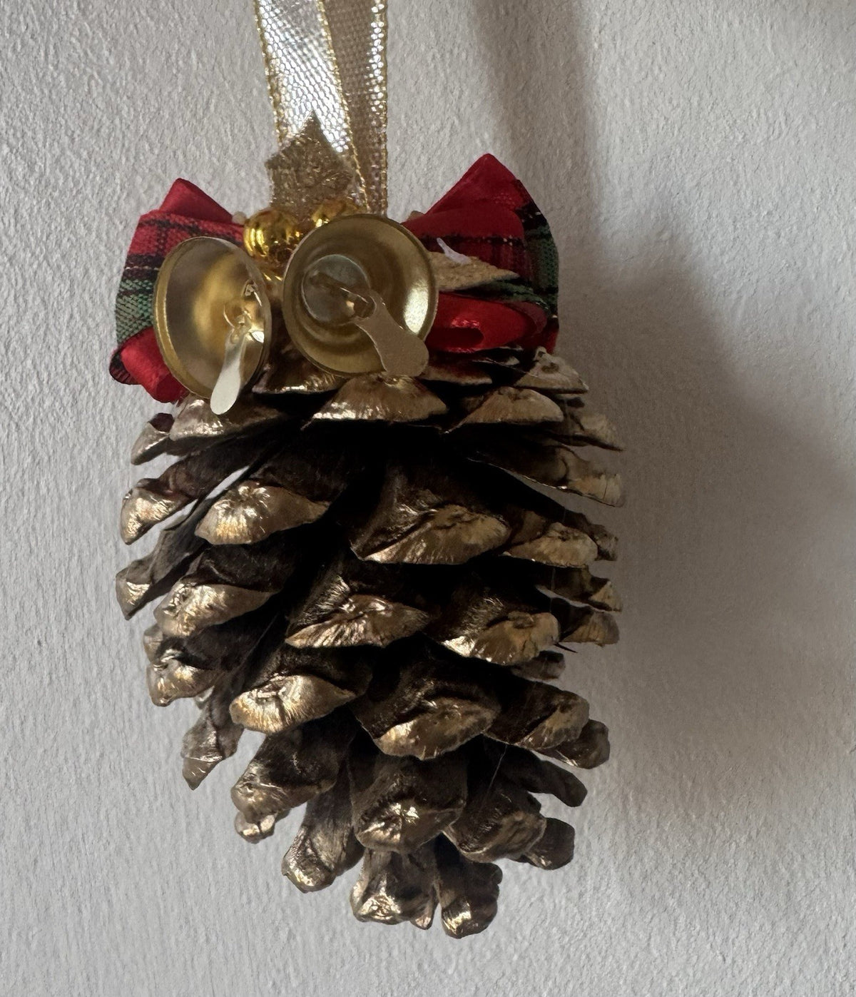 Set of 6 Handmade Pine Cone Christmas Ornaments with Bells & Festive Bows Rustic