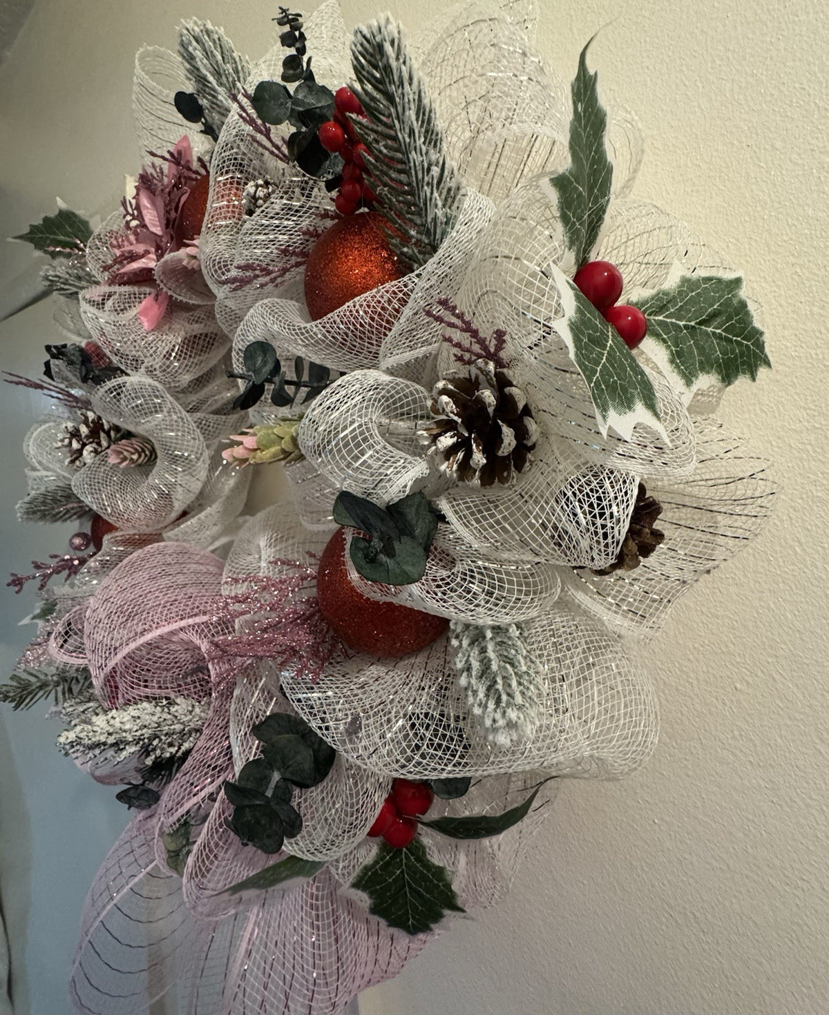 Handmade Christmas Mesh Wreath Pink & White with Red Baubles & Pinecones 40 CM
