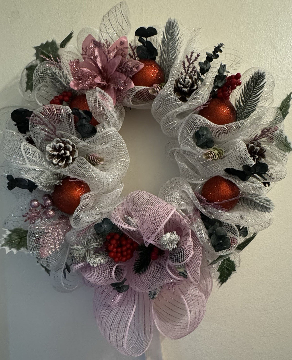 Handmade Christmas Mesh Wreath Pink & White with Red Baubles & Pinecones 40 CM