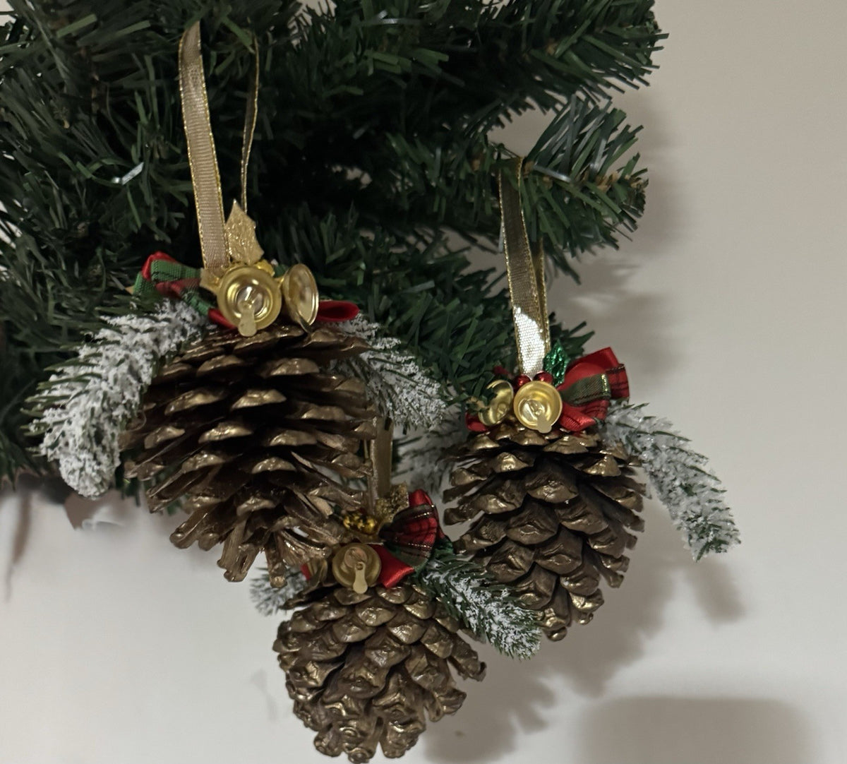 Set of 6 Handmade Pine Cone Christmas Ornaments with Bells & Festive Bows Rustic