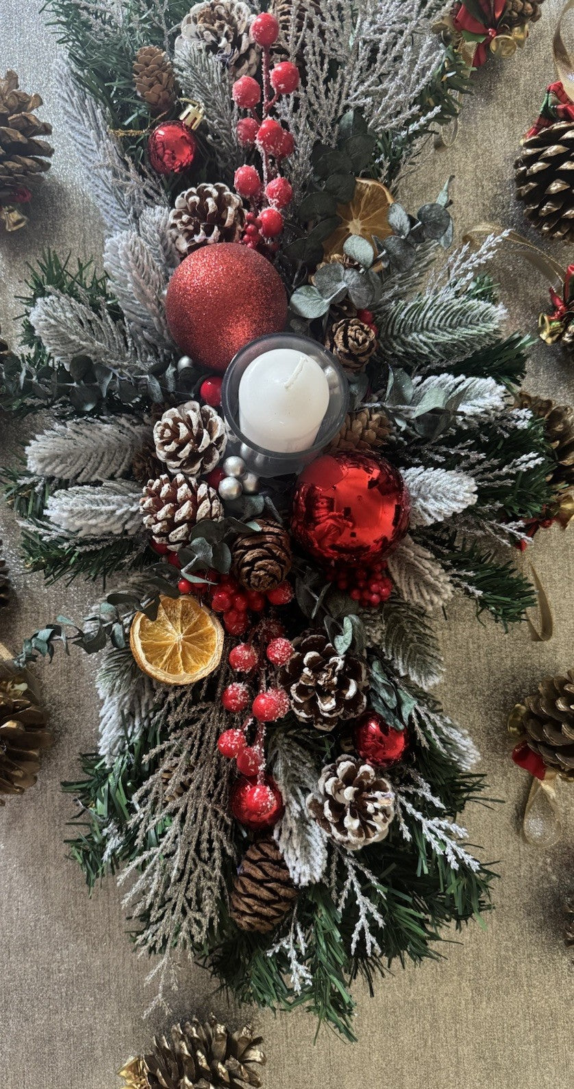 Christmas Candle Centrepiece Table Decoration With Dried Eucalyptus Pine Cone Uk