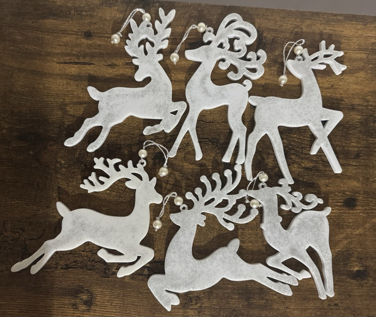 Set of 6 White & Silver Reindeer Christmas Tree Hanging Decorations with Pearl