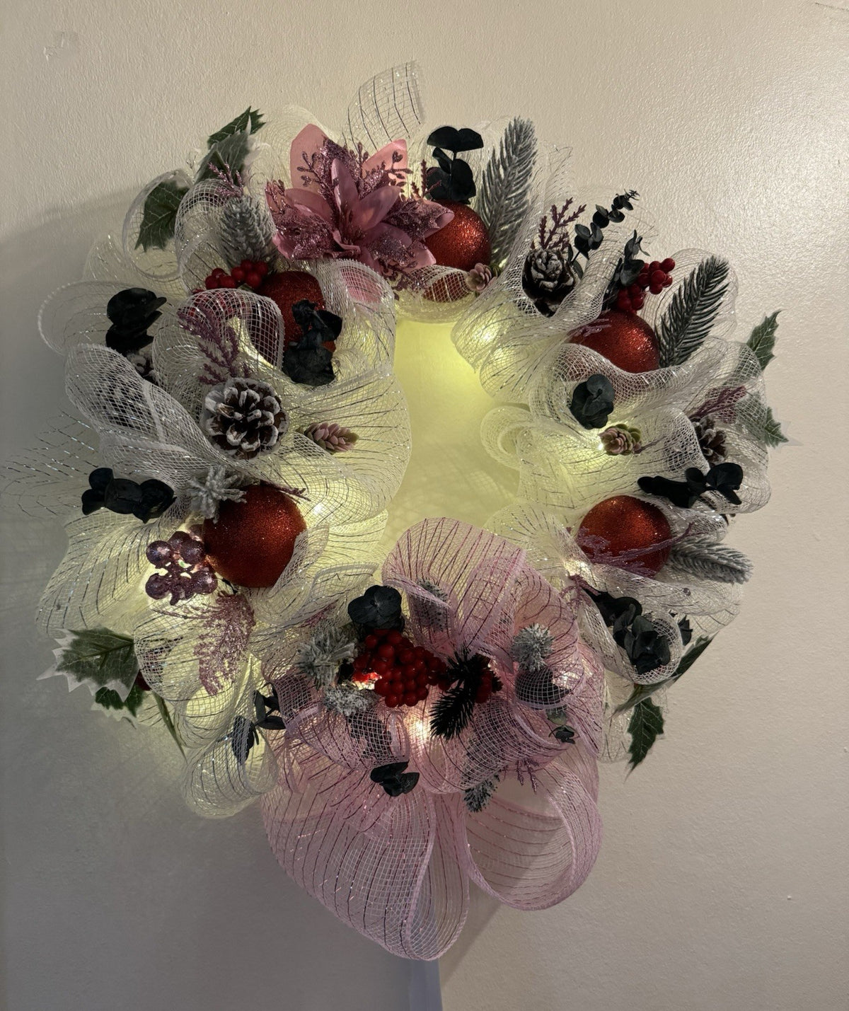 Handmade Christmas Mesh Wreath Pink & White with Red Baubles & Pinecones 40 CM