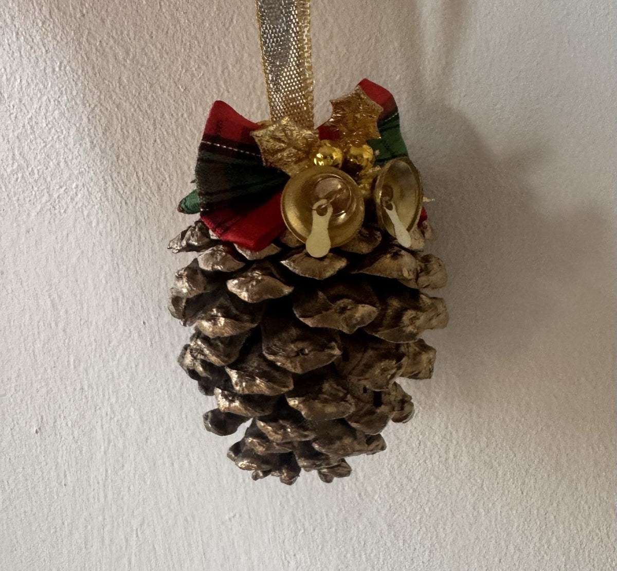 Set of 6 Handmade Pine Cone Christmas Ornaments with Bells & Festive Bows Rustic