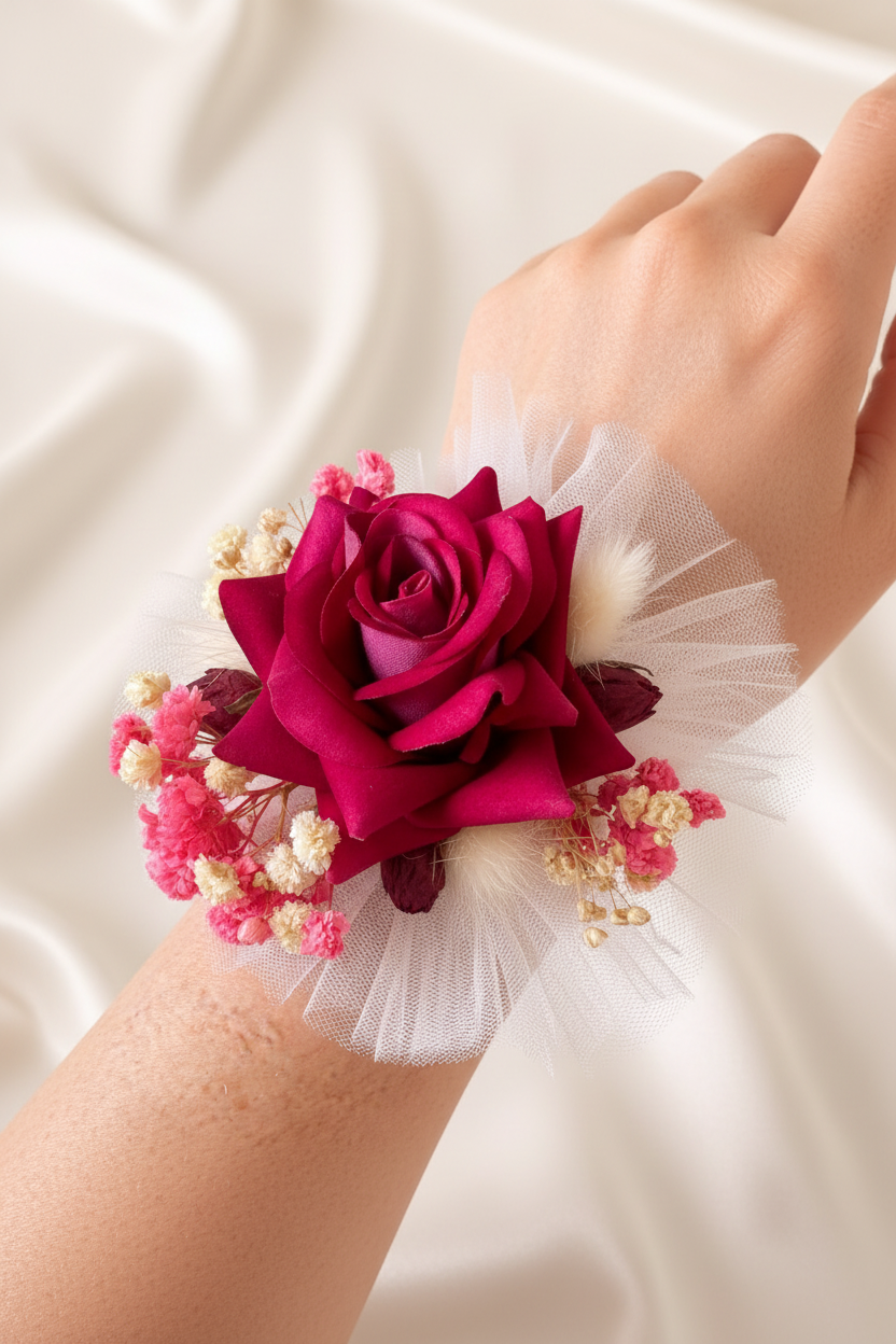Red Rose Wrist Corsage with Baby's Breath – Handmade Wedding Prom Floral Bracelet