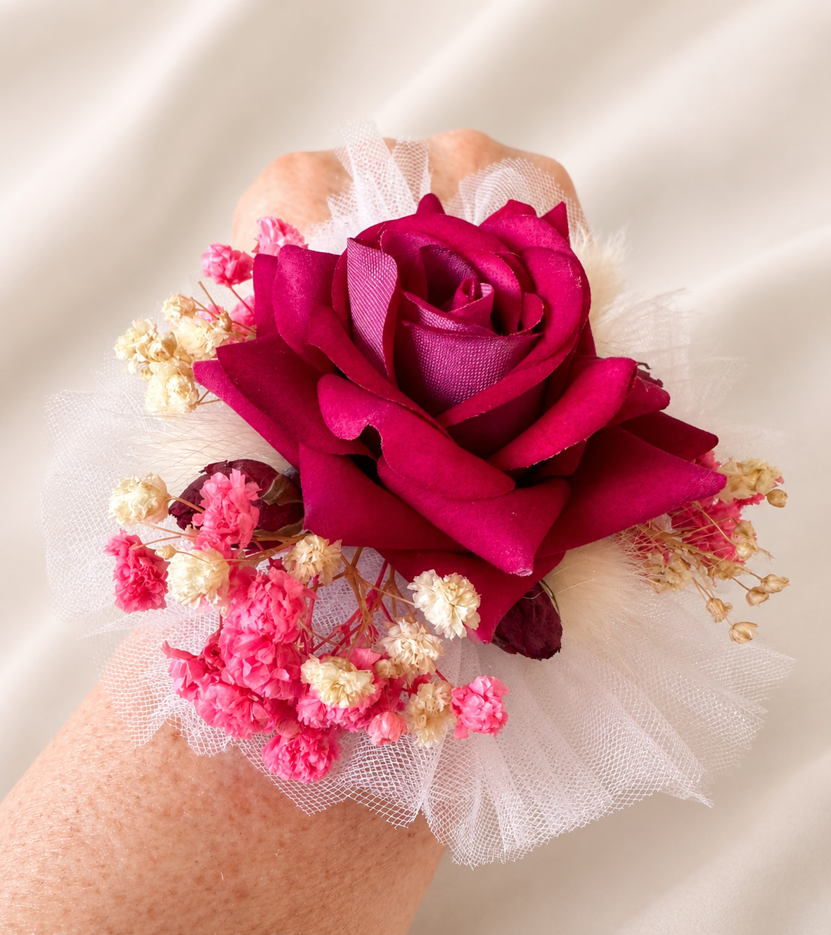 Red Rose Wrist Corsage with Baby's Breath – Handmade Wedding Prom Floral Bracelet