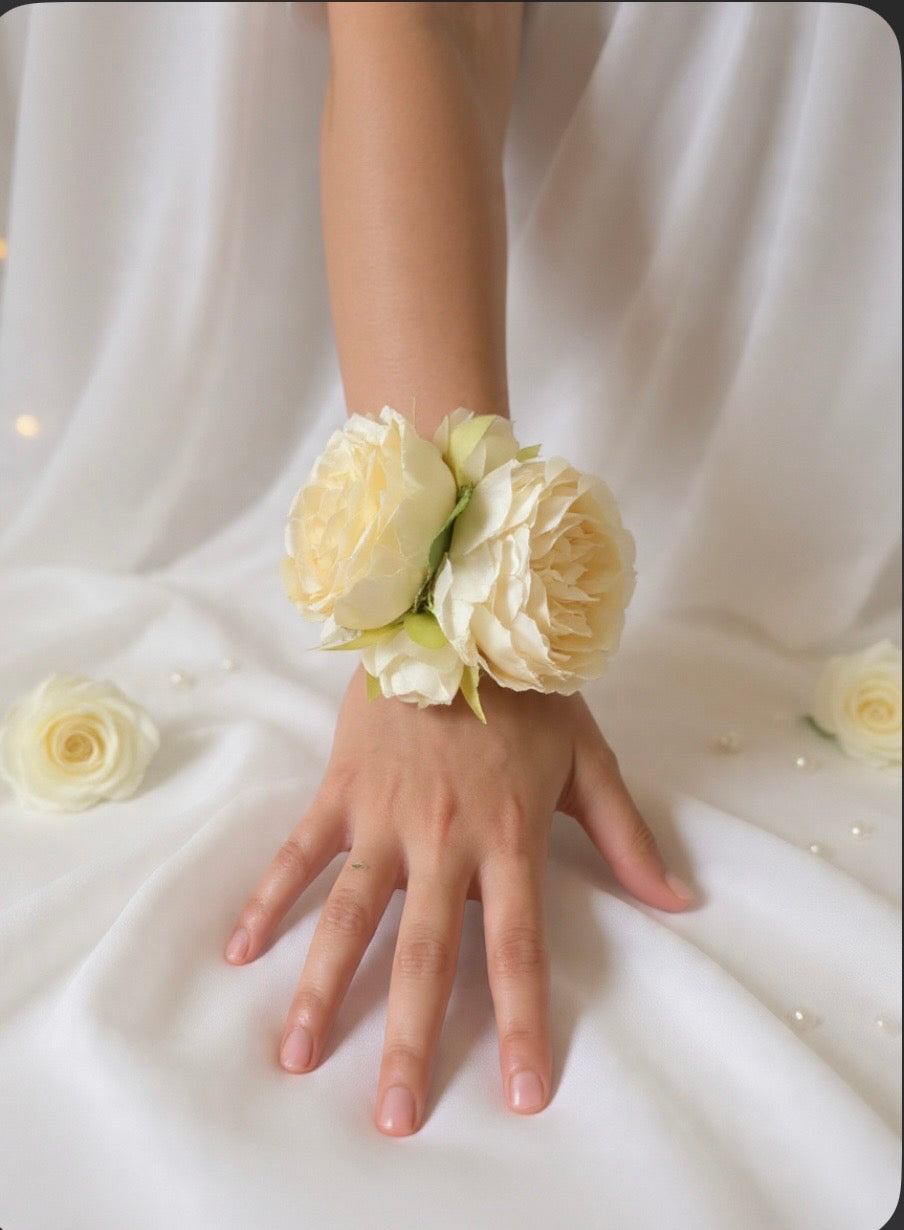 White Peony Flower Girl Wrist Corsage, Pearl Bracelet Corsage, Ivory Cream Wedding Wrist Flower, Flower Girl Accessory