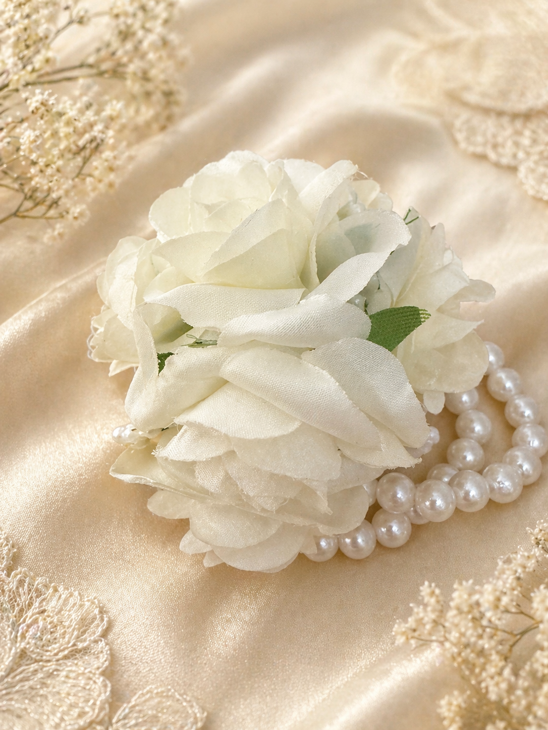 Flower Girl White Rose Wrist Corsage | Elegant Wedding Pearl Bracelet