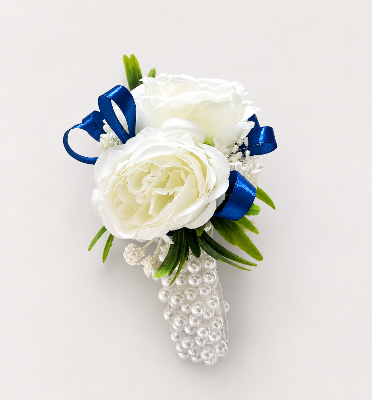 Bridal Wrist Corsage White Rose Dried Baby's Breath 9.5" Pearl Bracelet