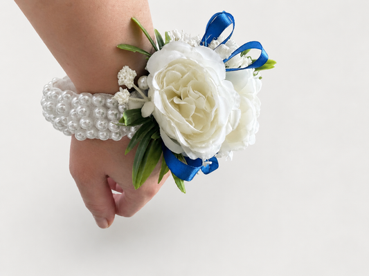 Bridal Wrist Corsage White Rose Dried Baby's Breath 9.5" Pearl Bracelet