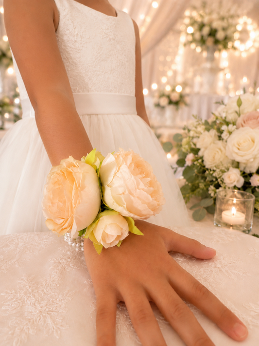 White Peony Flower Girl Wrist Corsage, Pearl Bracelet Corsage, Ivory Cream Wedding Wrist Flower, Flower Girl Accessory