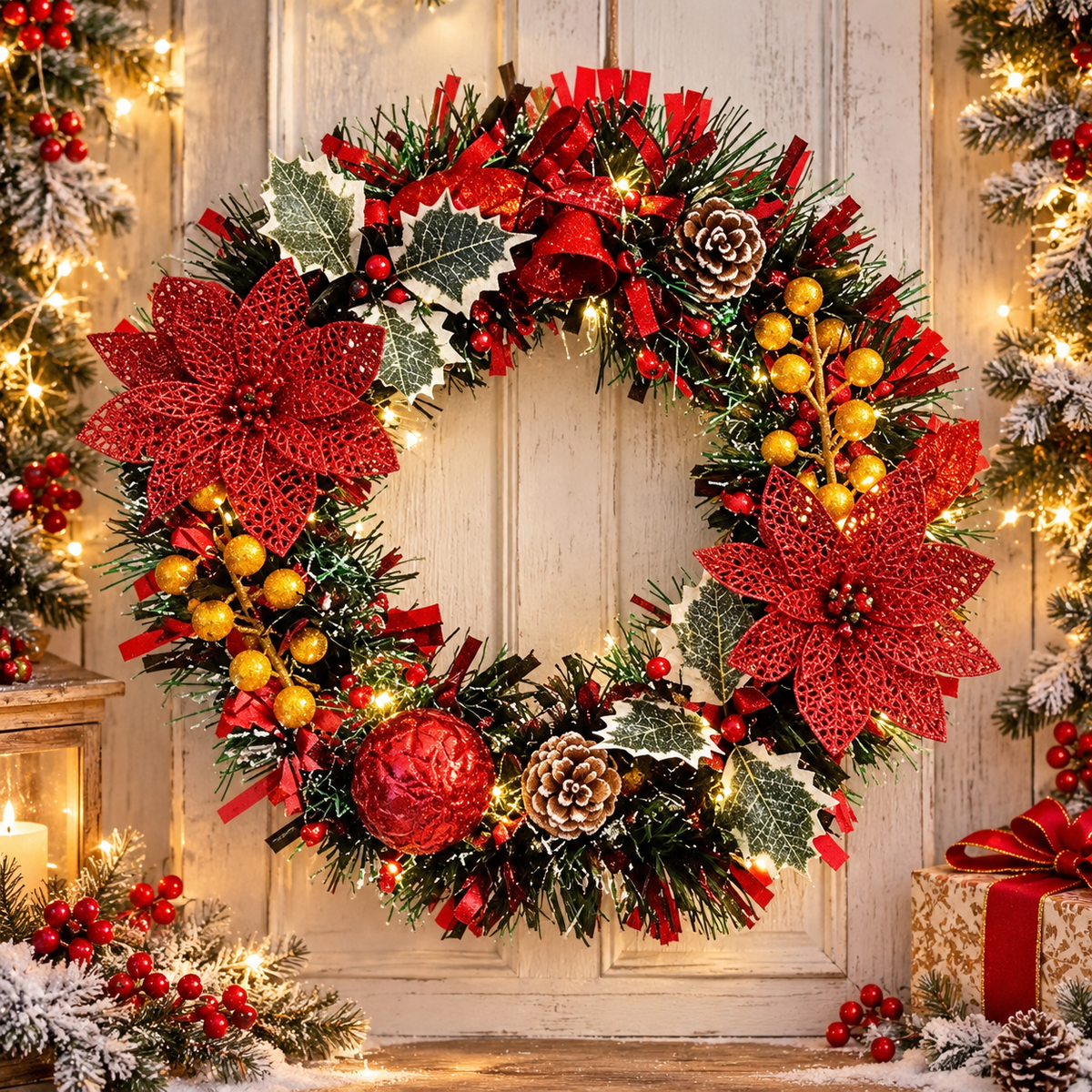 Christmas Wreath Green and Red Handmade Artificial with Lights for Front Door