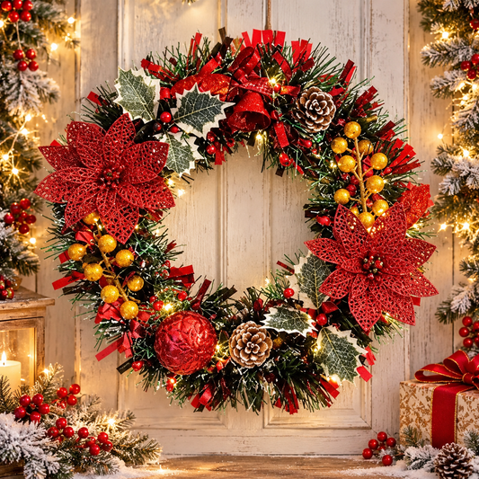 Christmas Wreath Green and Red Handmade Artificial with Lights for Front Door