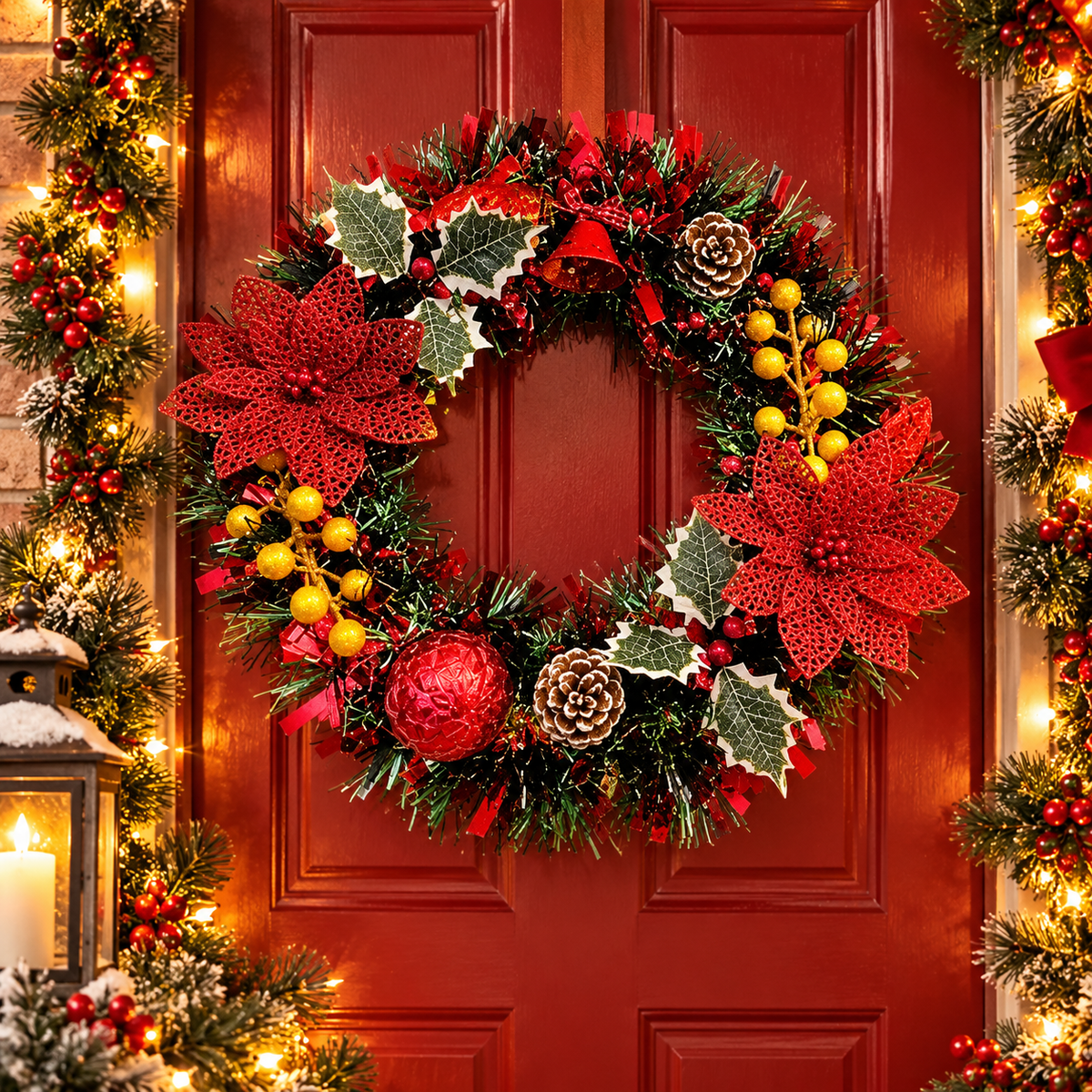 Christmas Wreath Green and Red Handmade Artificial with Lights for Front Door