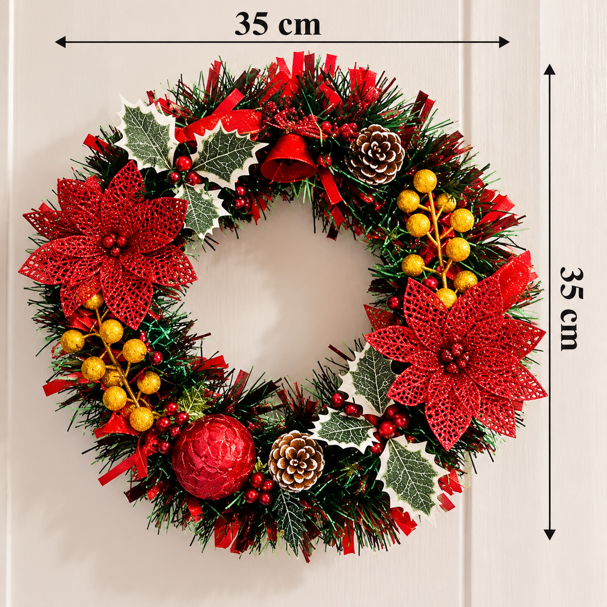 Christmas Wreath Green and Red Handmade Artificial with Lights for Front Door