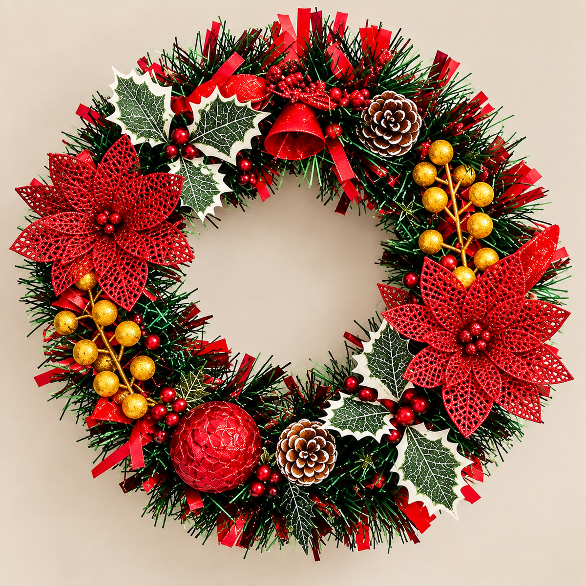 Christmas Wreath Green and Red Handmade Artificial with Lights for Front Door