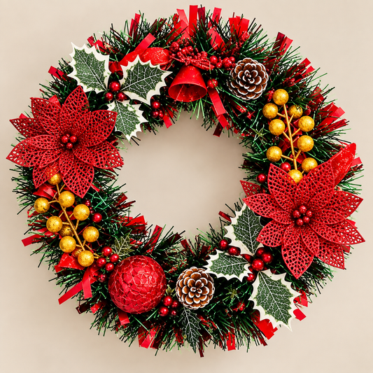 Christmas Wreath Green and Red Handmade Artificial with Lights for Front Door