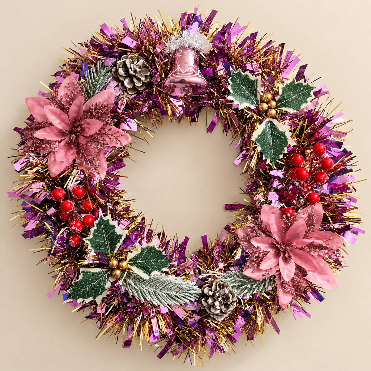 Handmade Pink Poinsettia Christmas Wreath with Bell & Berries – 35cm