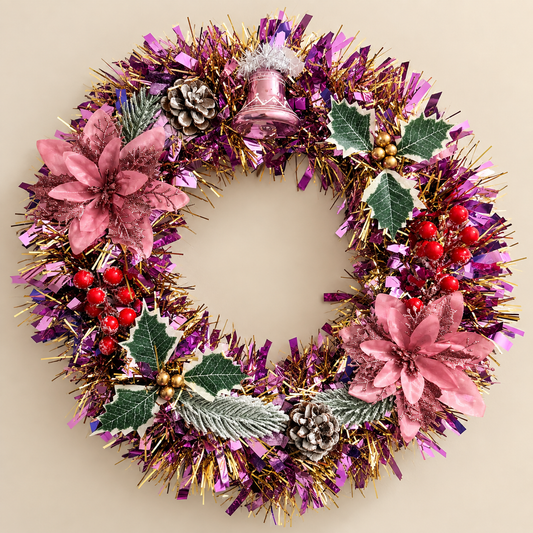 Handmade Pink Poinsettia Christmas Wreath with Bell & Berries – 35cm