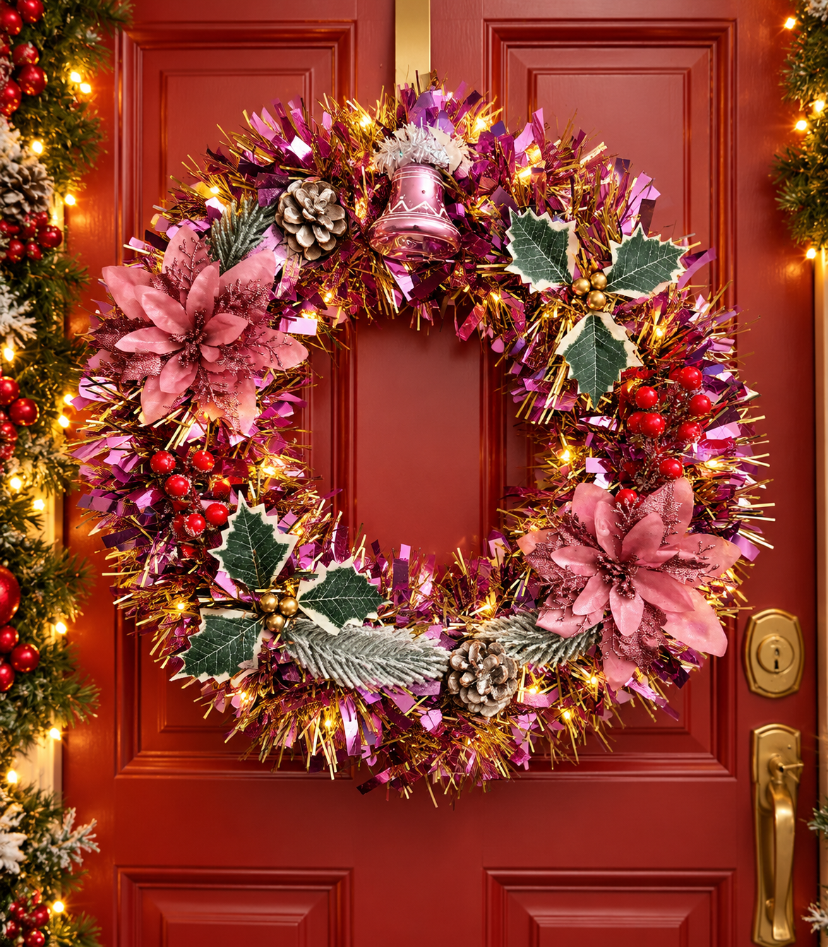 Handmade Pink Poinsettia Christmas Wreath with Bell & Berries – 35cm