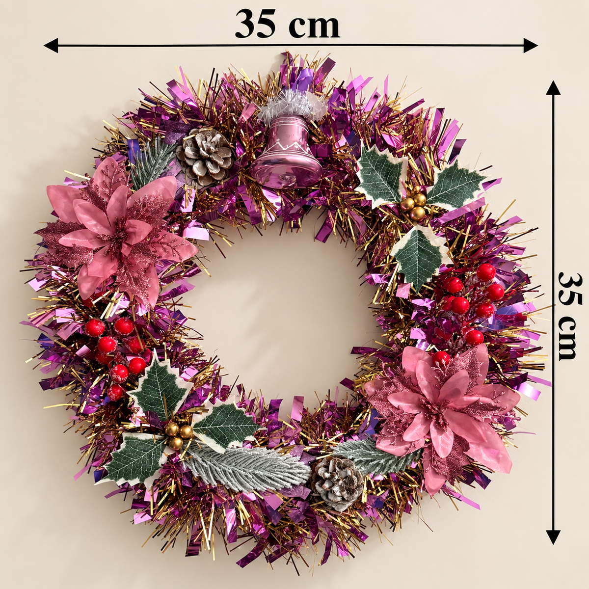 Handmade Pink Poinsettia Christmas Wreath with Bell & Berries – 35cm