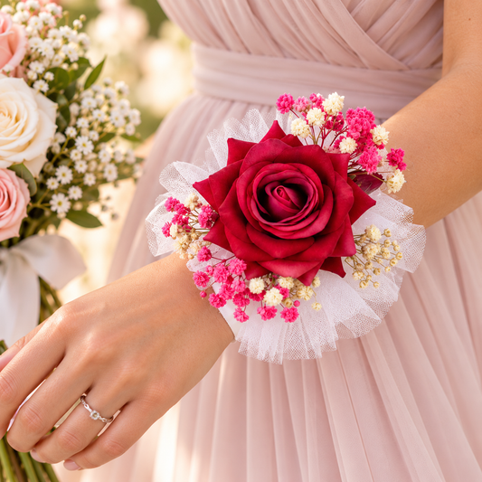 Red Rose Wrist Corsage with Baby's Breath – Handmade Wedding Prom Floral Bracelet