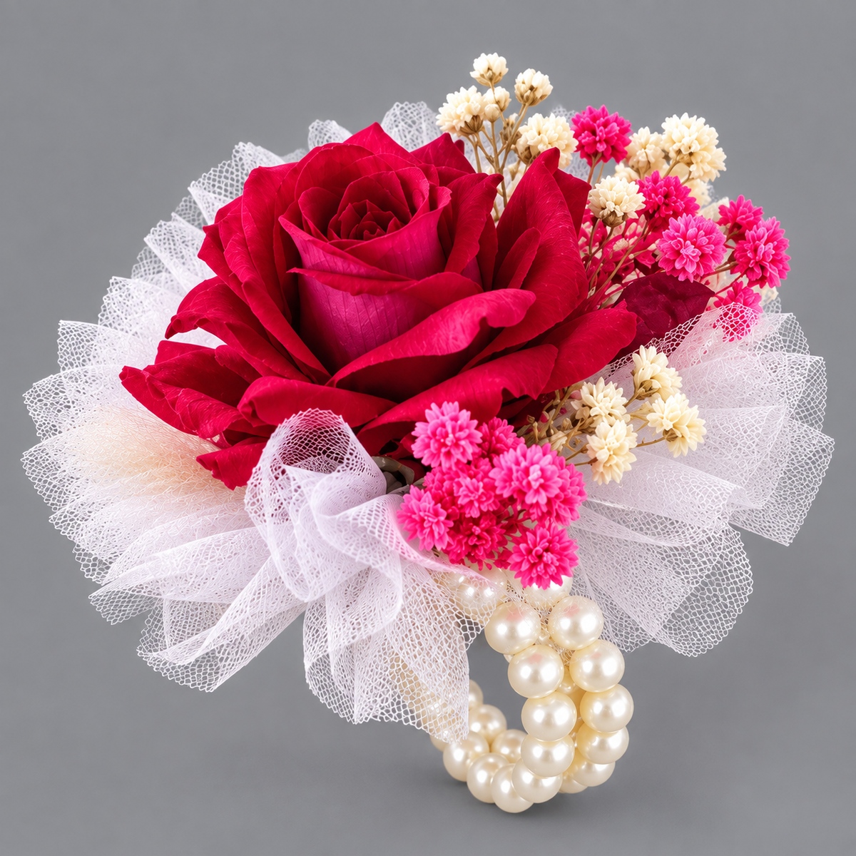 Red Rose Wrist Corsage with Baby's Breath – Handmade Wedding Prom Floral Bracelet
