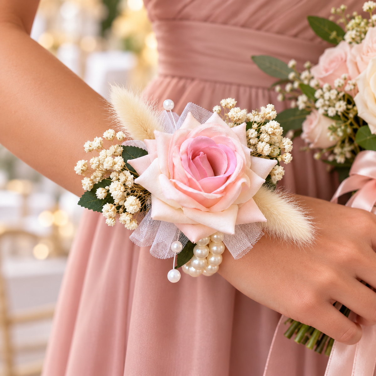 Pink Wrist Corsage with Dried Flowers for Bridesmaids & Mother of the Bride