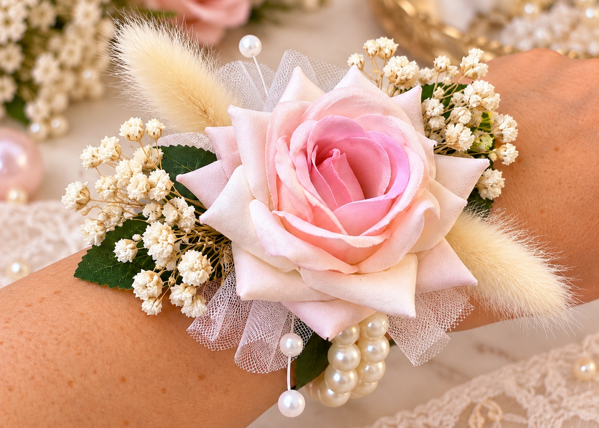 Pink Wrist Corsage with Dried Flowers for Bridesmaids & Mother of the Bride