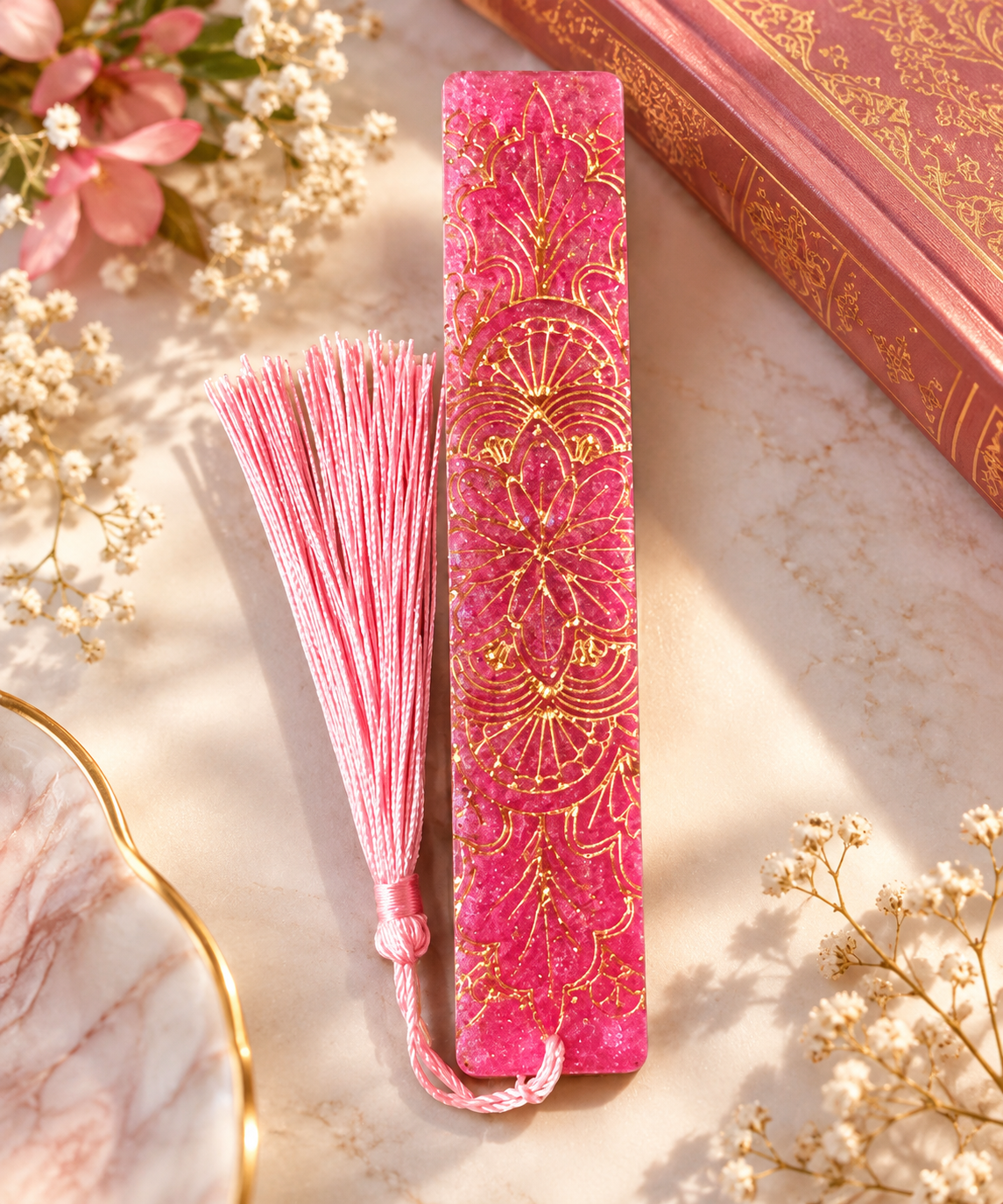 Bookmarks Pink Background  And Gold Embossed Stripe