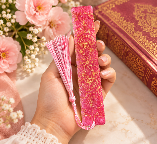 Bookmarks Pink Background  And Gold Embossed Stripe