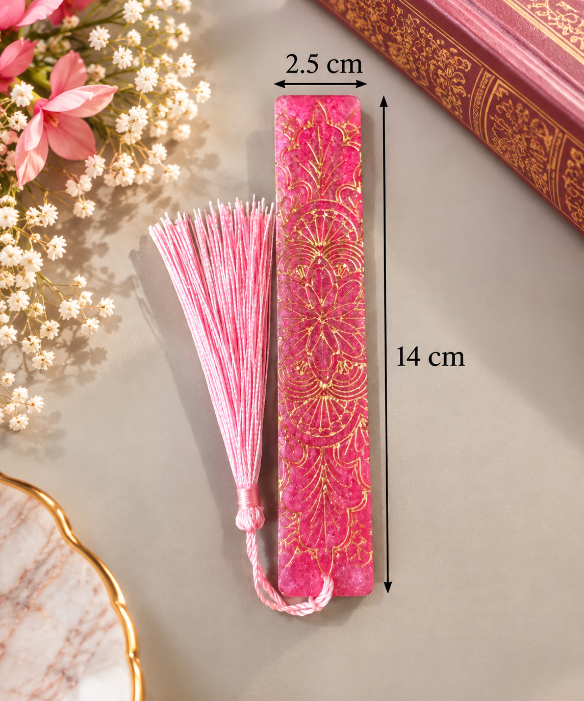 Bookmarks Pink Background  And Gold Embossed Stripe