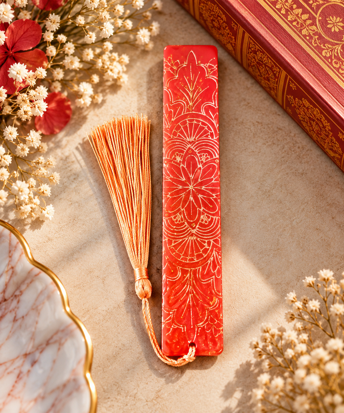 Bookmarks Red Background  And Gold Embossed Stripe