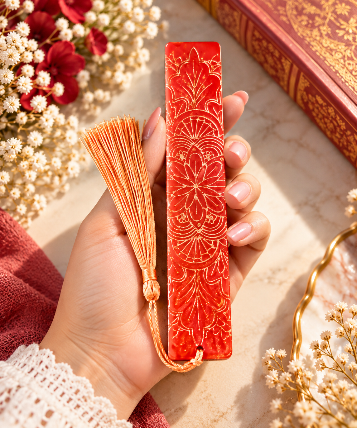 Bookmarks Red Background  And Gold Embossed Stripe