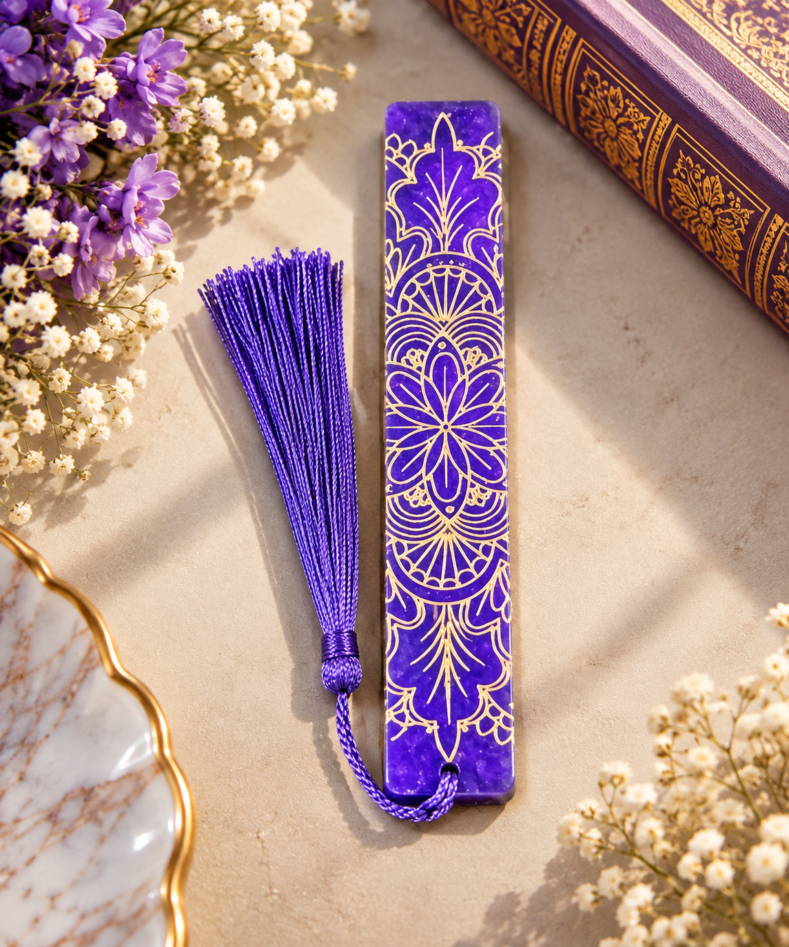 Bookmarks Purple Background  And Gold Embossed Stripe