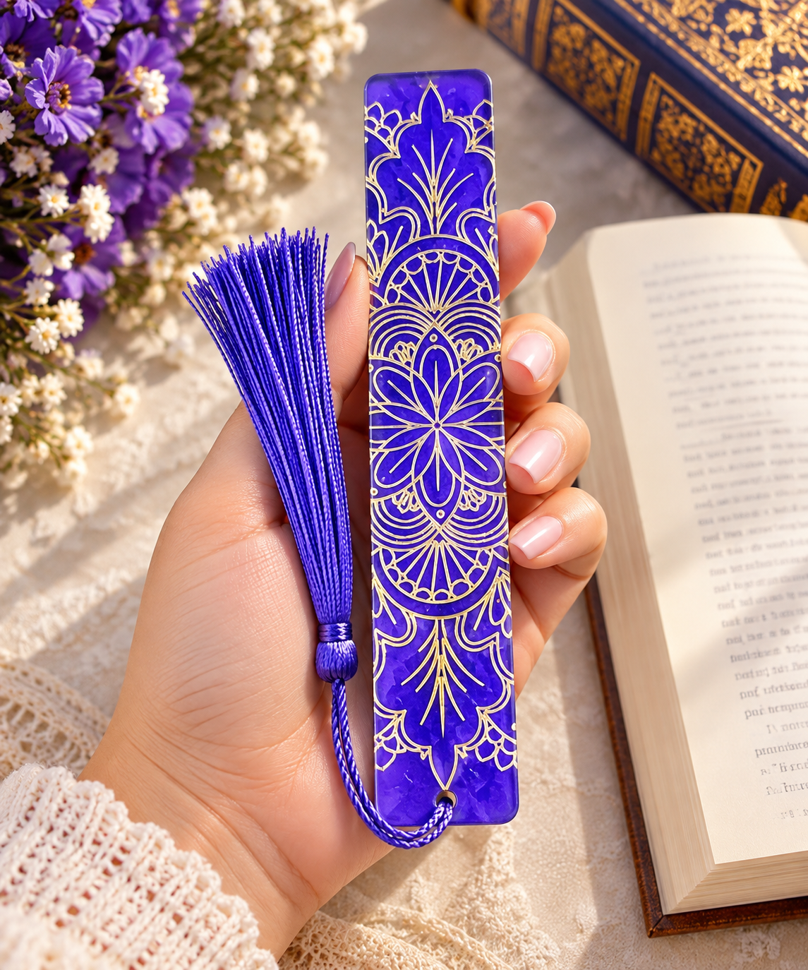 Bookmarks Purple Background  And Gold Embossed Stripe