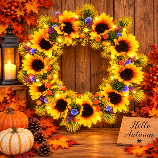 Handmade Sunflower Autumn Wreath With Lights