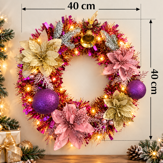 Handmade Pink & Gold Christmas Wreath with LED Lights – 40 cm